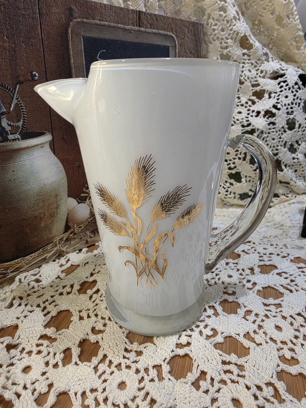 VINTAGE White Ceramic Pitcher with Gold Wheat Design